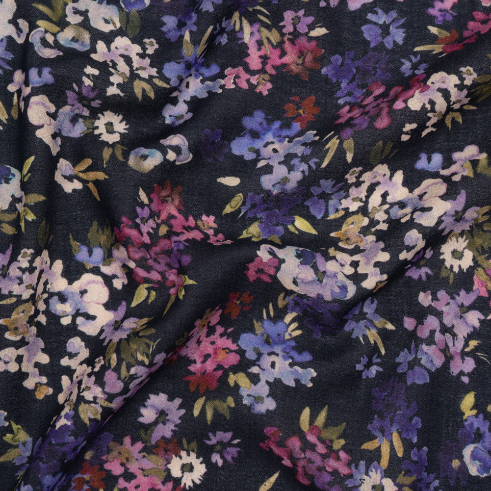 Cotton Crepe - Navy, Magenta and Indigo Little Watercolor Flowers - Mood Exclusive Sonnet for Summer Print