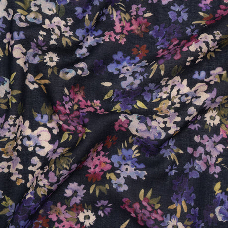 Cotton Crepe - Navy, Magenta and Indigo Little Watercolor Flowers - Mood Exclusive Sonnet for Summer Print