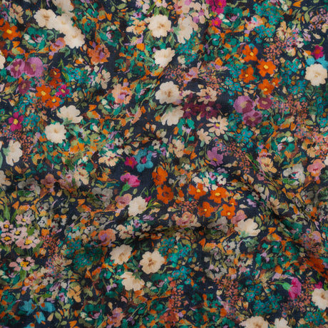 Cotton Crepe - Navy, Teal and Red-Orange Florals - Mood Exclusive Wildflower Riot Print