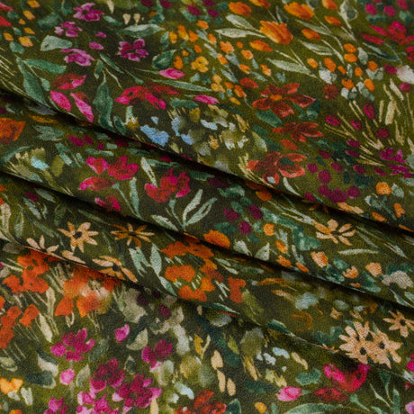Cotton Crepe - Green, Orange and Berry Purple Floral - Mood Exclusive Mossy Meadow Print
