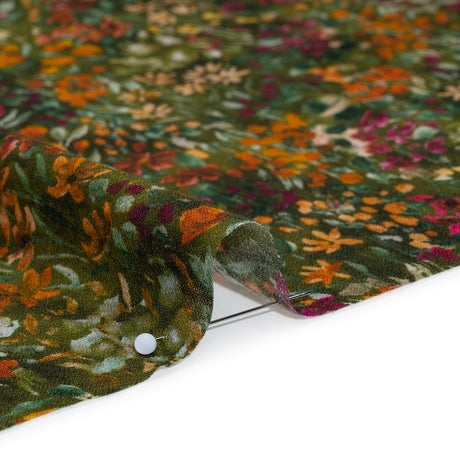 Cotton Crepe - Green, Orange and Berry Purple Floral - Mood Exclusive Mossy Meadow Print