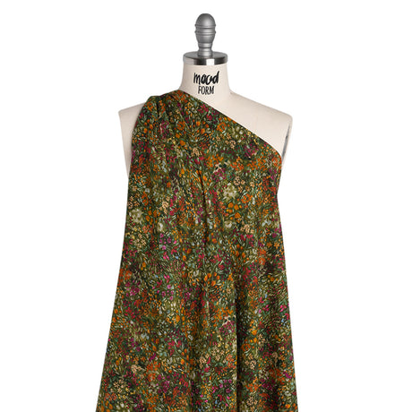 Cotton Crepe - Green, Orange and Berry Purple Floral - Mood Exclusive Mossy Meadow Print