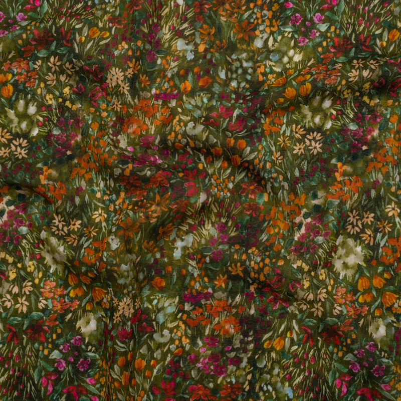 Cotton Crepe - Green, Orange and Berry Purple Floral - Mood Exclusive Mossy Meadow Print