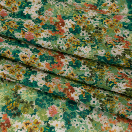 Cotton Crepe - Green, Orange and Cream Little Flowers - Mood Exclusive Greenhouse Garden Print