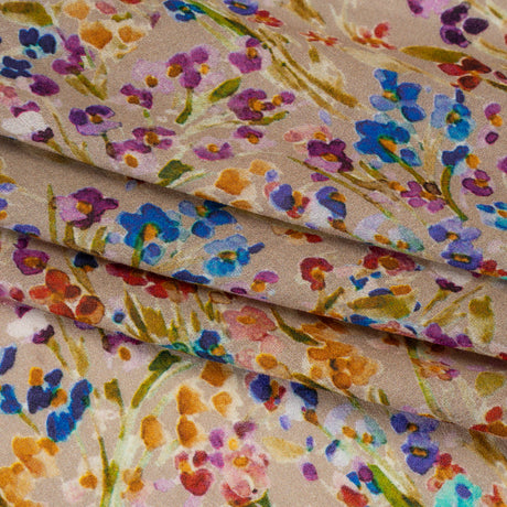 Cotton Crepe - Taupe and Rainbow Painted Flowers - Mood Exclusive Prismatic Petals Print
