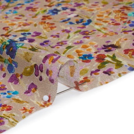Cotton Crepe - Taupe and Rainbow Painted Flowers - Mood Exclusive Prismatic Petals Print