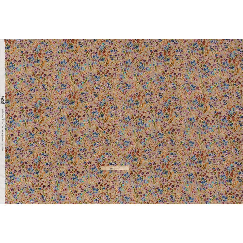 Cotton Crepe - Taupe and Rainbow Painted Flowers - Mood Exclusive Prismatic Petals Print