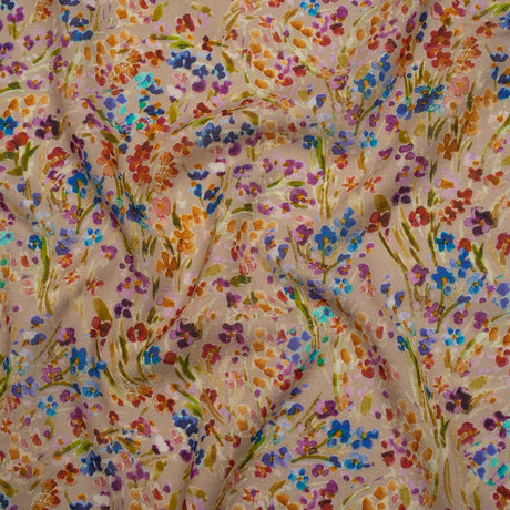 Cotton Crepe - Taupe and Rainbow Painted Flowers - Mood Exclusive Prismatic Petals Print