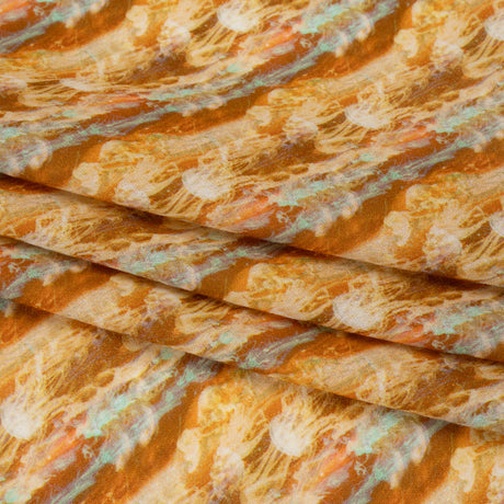 Cotton Crepe - Burnt Orange and Aqua Abstract Jellyfish Stripes - Mood Exclusive Tentacle Trails Print
