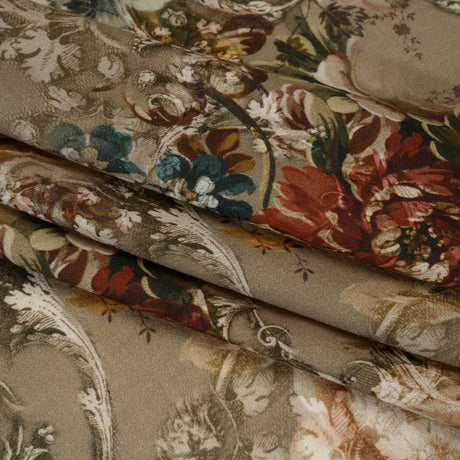 Cotton Crepe - Dusty Olive, Red and Teal Blue Vintage Floral - Mood Exclusive Baroque Blooms Print