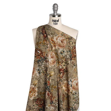 Cotton Crepe - Dusty Olive, Red and Teal Blue Vintage Floral - Mood Exclusive Baroque Blooms Print