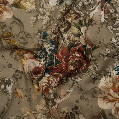 Cotton Crepe - Dusty Olive, Red and Teal Blue Vintage Floral - Mood Exclusive Baroque Blooms Print