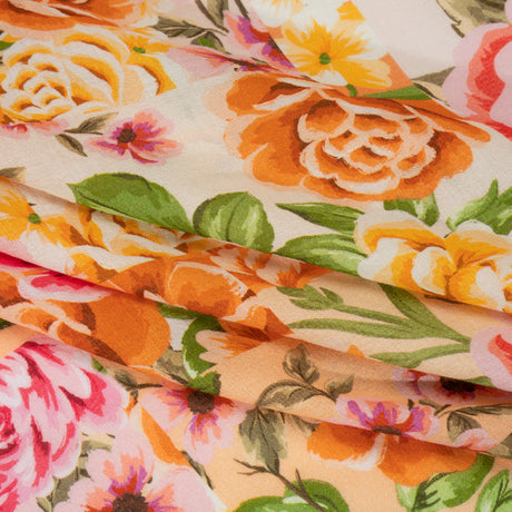 Cotton Crepe - Pink, Peachy Orange and Golden Yellow Patchwork Roses - Mood Exclusive Rosette Haze Print