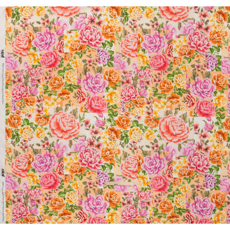 Cotton Crepe - Pink, Peachy Orange and Golden Yellow Patchwork Roses - Mood Exclusive Rosette Haze Print