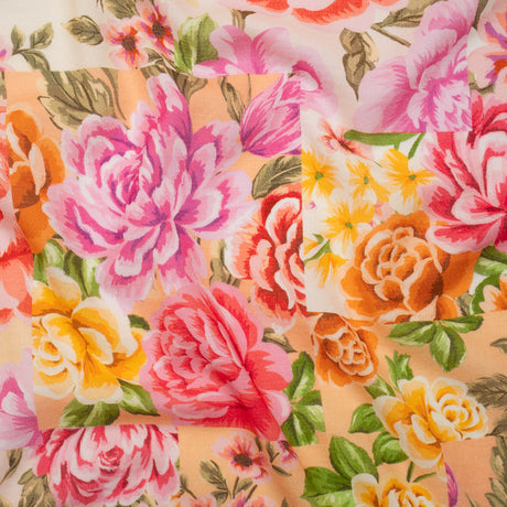 Cotton Crepe - Pink, Peachy Orange and Golden Yellow Patchwork Roses - Mood Exclusive Rosette Haze Print