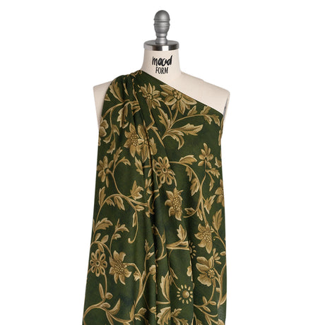 Cotton Crepe - Forest Green and Muted Gold Ornate Floral Vines - Mood Exclusive Gilded Vines Print