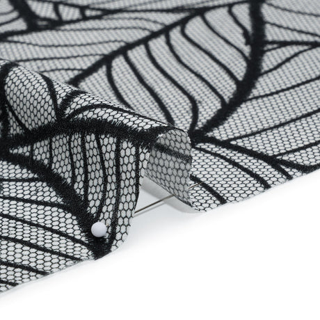 Cotton Crepe - Black and White Embroidered Net Leaves - Mood Exclusive Terrestrial Tesserae Print