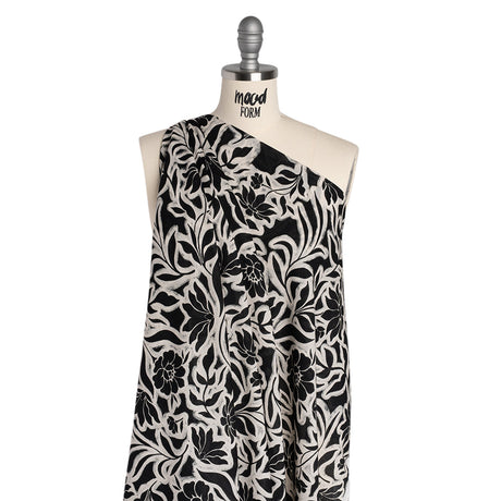 Cotton Crepe - Black and Cream Outlined Flowers - Mood Exclusive Pressed Petals Print