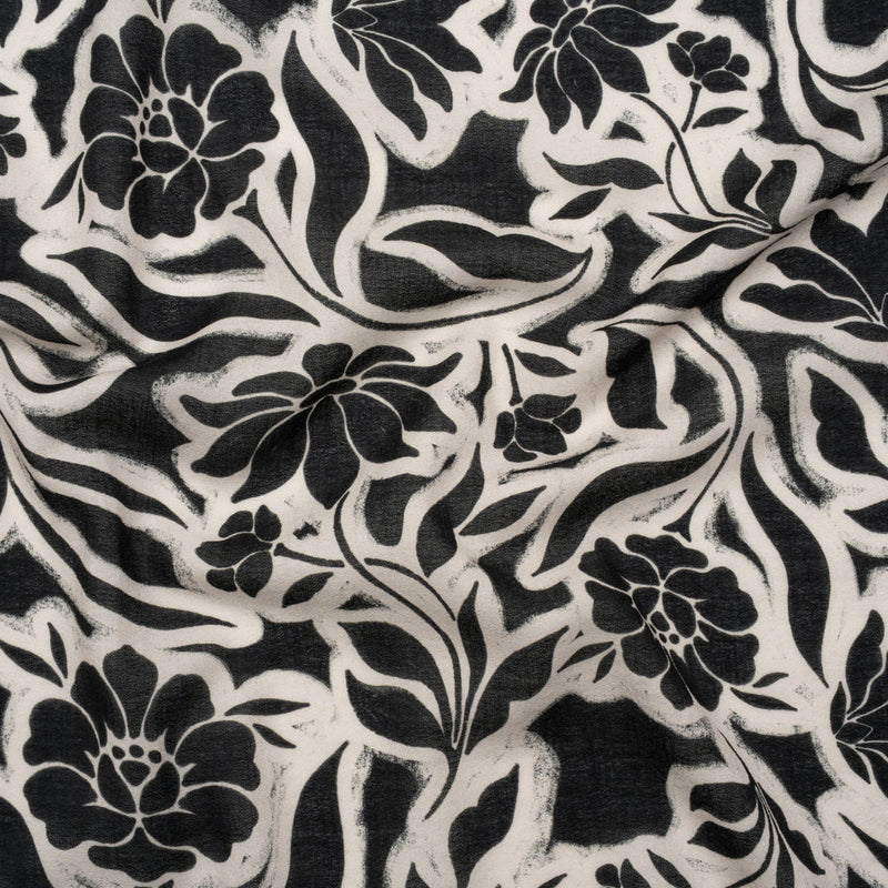 Cotton Crepe - Black and Cream Outlined Flowers - Mood Exclusive Pressed Petals Print