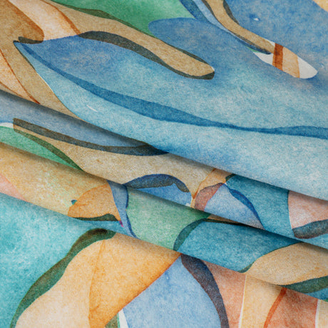 Cotton Crepe - Green, Blue and Orange Watercolor Leaves - Mood Exclusive Cascading Canopy Print