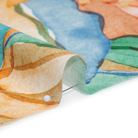 Cotton Crepe - Green, Blue and Orange Watercolor Leaves - Mood Exclusive Cascading Canopy Print