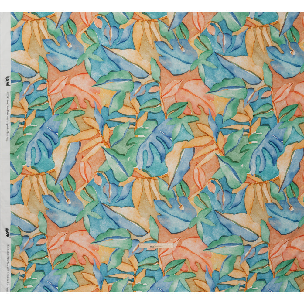 Cotton Crepe - Green, Blue and Orange Watercolor Leaves - Mood Exclusive Cascading Canopy Print