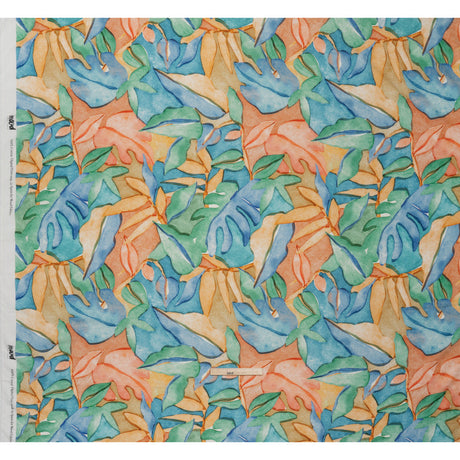 Cotton Crepe - Green, Blue and Orange Watercolor Leaves - Mood Exclusive Cascading Canopy Print