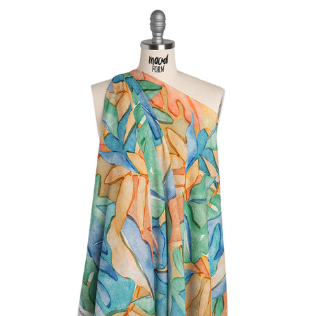 Cotton Crepe - Green, Blue and Orange Watercolor Leaves - Mood Exclusive Cascading Canopy Print