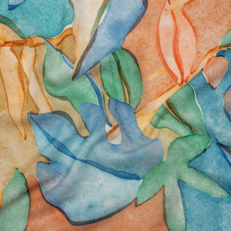 Cotton Crepe - Green, Blue and Orange Watercolor Leaves - Mood Exclusive Cascading Canopy Print