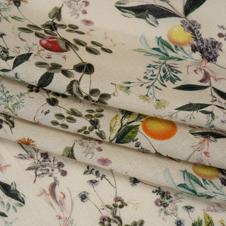 Cotton Crepe - Beige and Green Fruiting Branches and Flowers - Mood Exclusive Orchard's Edges Print