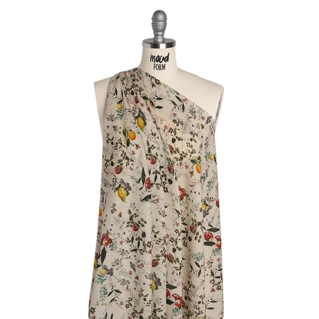 Cotton Crepe - Beige and Green Fruiting Branches and Flowers - Mood Exclusive Orchard's Edges Print
