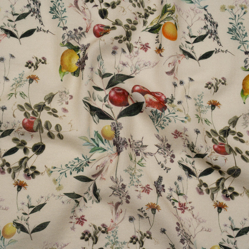 Cotton Crepe - Beige and Green Fruiting Branches and Flowers - Mood Exclusive Orchard's Edges Print