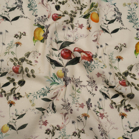 Cotton Crepe - Beige and Green Fruiting Branches and Flowers - Mood Exclusive Orchard's Edges Print