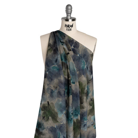 Cotton Crepe - Gray, Olive and Dark Blue Abstract Watercolor - Mood Exclusive Flowing Horizons Print