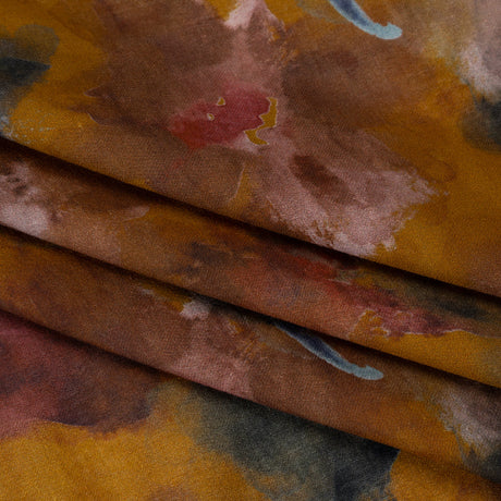 Cotton Crepe - Mustard Yellow, Burgundy and Dark Blue Abstract Watercolor - Mood Exclusive Flowing Horizons Print