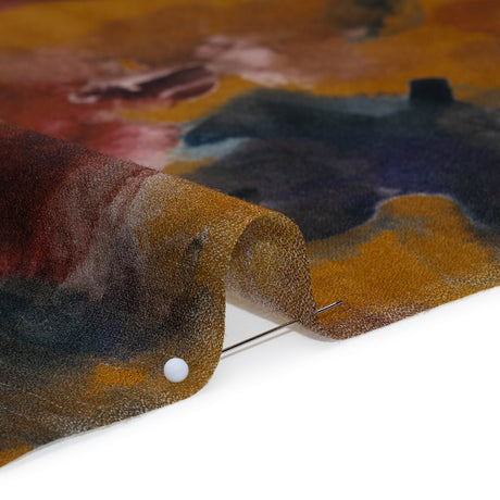 Cotton Crepe - Mustard Yellow, Burgundy and Dark Blue Abstract Watercolor - Mood Exclusive Flowing Horizons Print