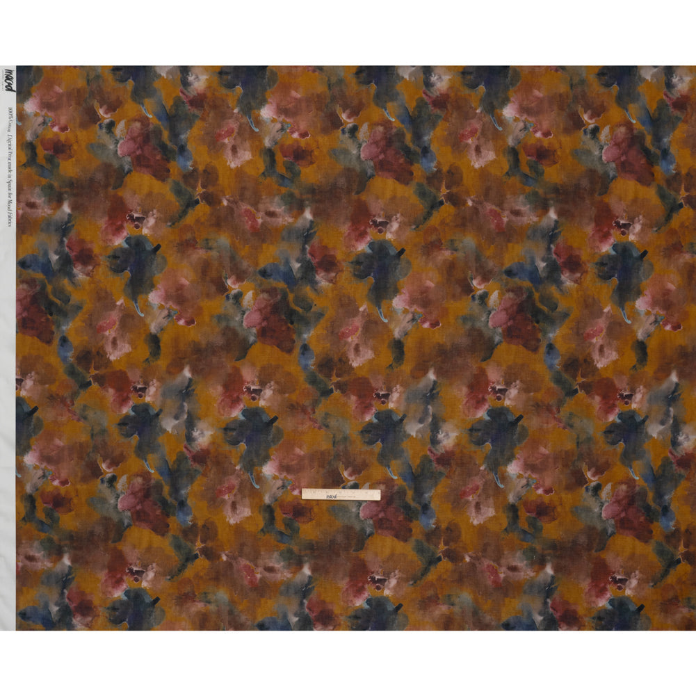 Cotton Crepe - Mustard Yellow, Burgundy and Dark Blue Abstract Watercolor - Mood Exclusive Flowing Horizons Print