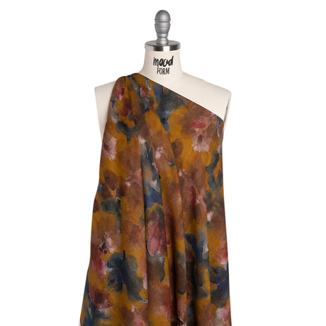 Cotton Crepe - Mustard Yellow, Burgundy and Dark Blue Abstract Watercolor - Mood Exclusive Flowing Horizons Print