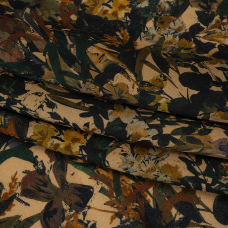 Cotton Crepe - Dark Green, Pale Golden Yellow and Red Brown Floral - Mood Exclusive Golden Grove Print