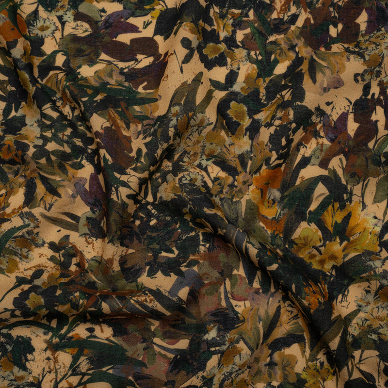 Cotton Crepe - Dark Green, Pale Golden Yellow and Red Brown Floral - Mood Exclusive Golden Grove Print