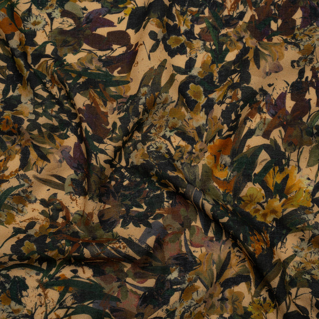 Cotton Crepe - Dark Green, Pale Golden Yellow and Red Brown Floral - Mood Exclusive Golden Grove Print