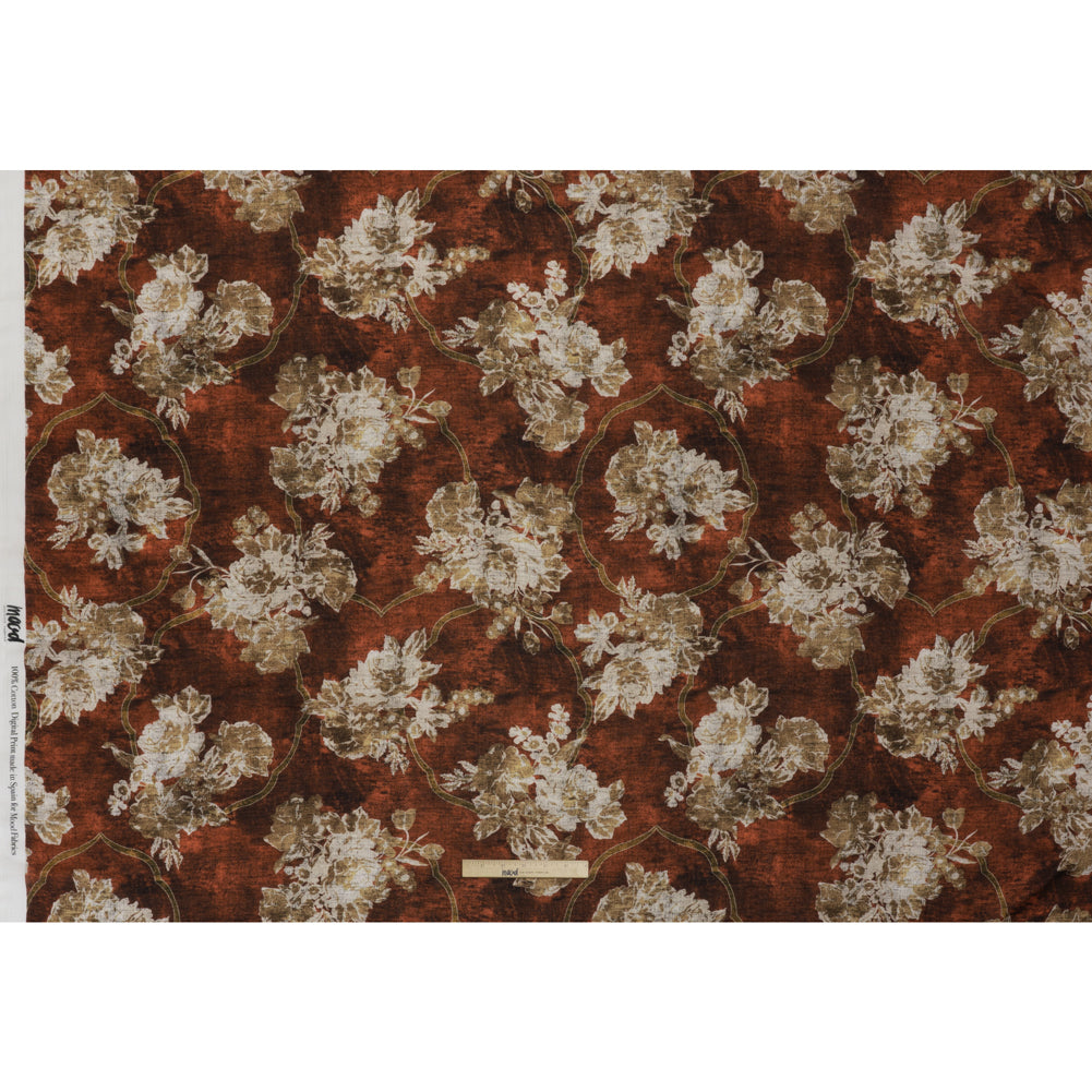 Cotton Crepe - Red Ochre, Beige and Cream Distressed Roses and Frames - Mood Exclusive Gilded Memory Print