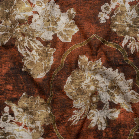 Cotton Crepe - Red Ochre, Beige and Cream Distressed Roses and Frames - Mood Exclusive Gilded Memory Print