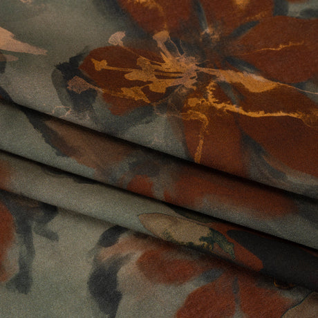 Cotton Crepe - Sage Green, Burgundy and Creamsicle Orange Painted Flowers - Mood Exclusive Lily Tranquility Print