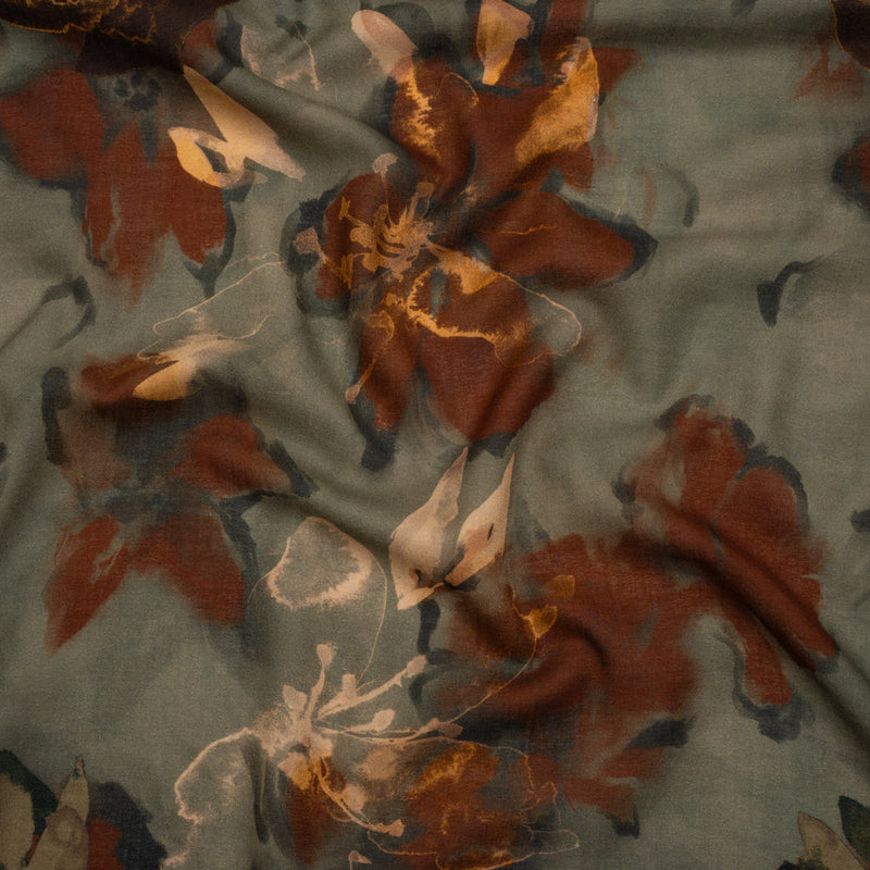 Cotton Crepe - Sage Green, Burgundy and Creamsicle Orange Painted Flowers - Mood Exclusive Lily Tranquility Print