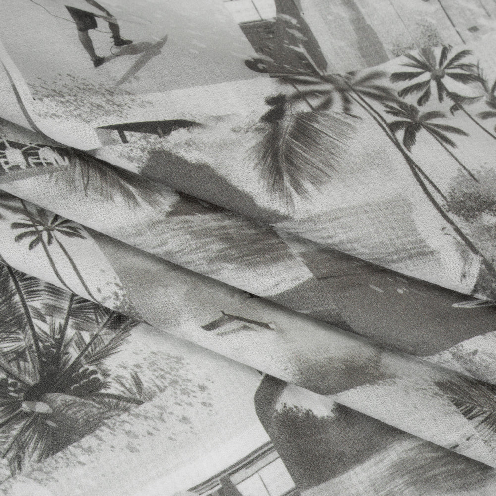 Cotton Crepe - Black, White and Gray Beach Scenes Patchwork - Mood Exclusive Seaside Snapshots Print