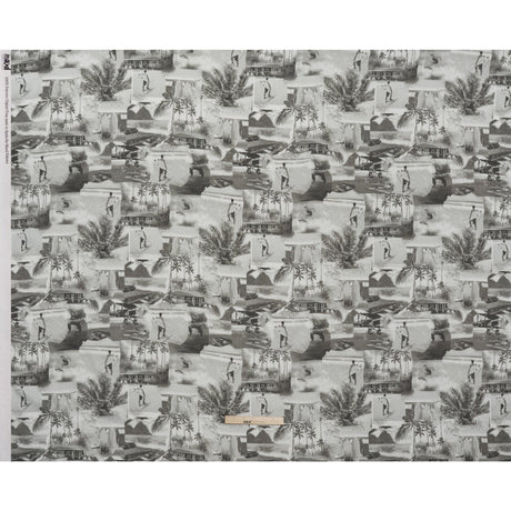 Cotton Crepe - Black, White and Gray Beach Scenes Patchwork - Mood Exclusive Seaside Snapshots Print