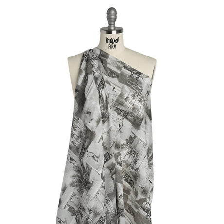 Cotton Crepe - Black, White and Gray Beach Scenes Patchwork - Mood Exclusive Seaside Snapshots Print