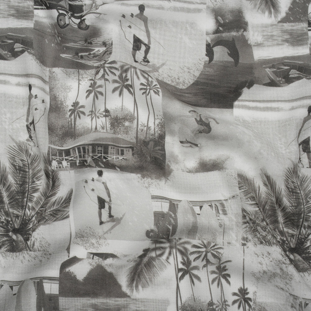 Cotton Crepe - Black, White and Gray Beach Scenes Patchwork - Mood Exclusive Seaside Snapshots Print