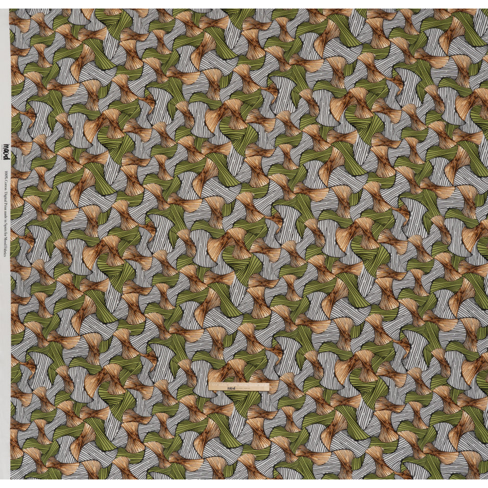 Slubbed Gauzy Cotton Woven - Green, Brown and White Abstract - Mood Exclusive Tantric Tessellations Print